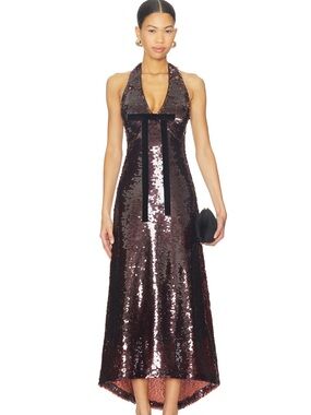 Sequin Halter Midi Dress with Velvet Bow - Deep Burgundy